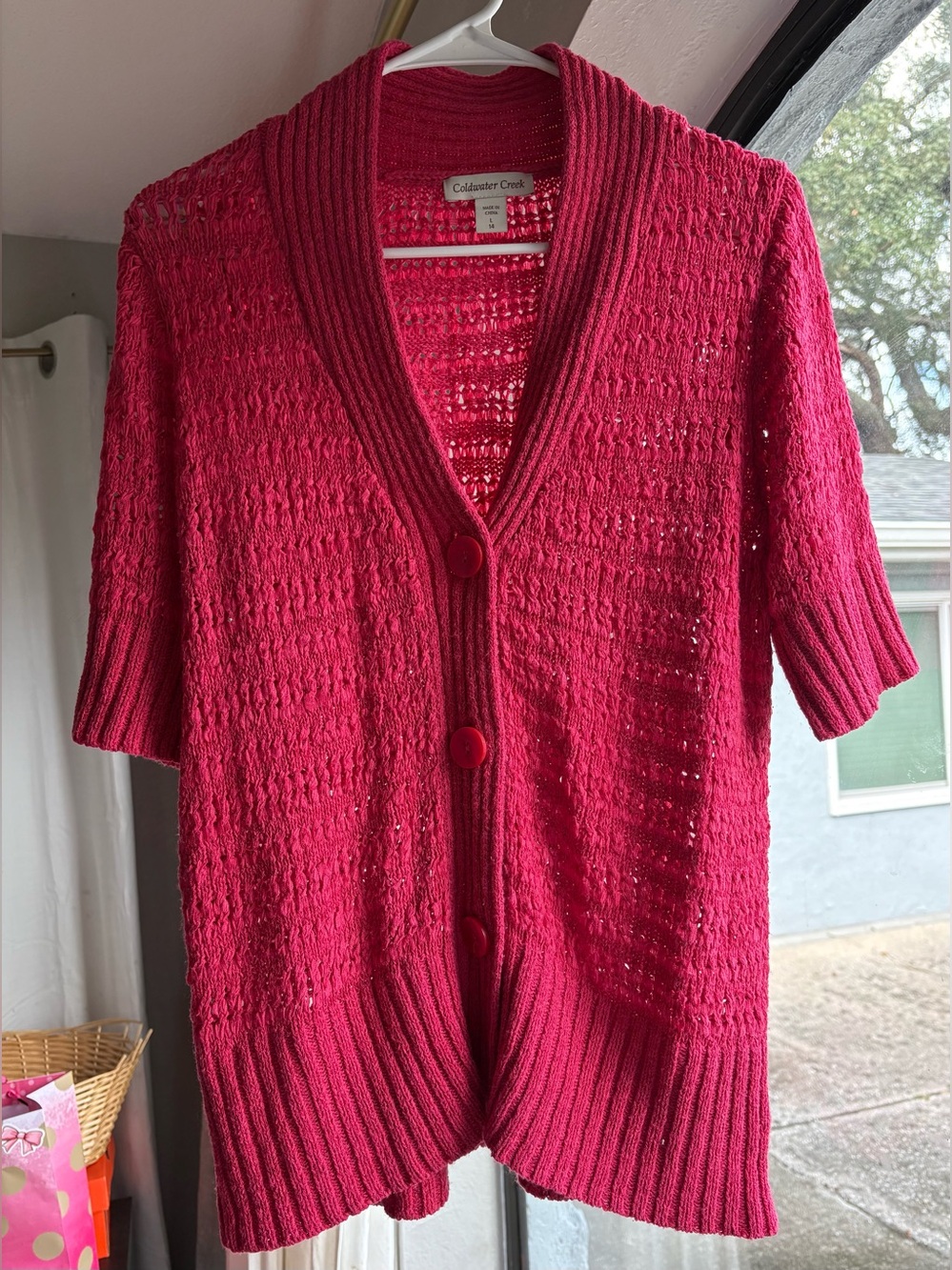 Coldwater Creek Women's Raspberry-Red Open Knit Button Cardigan Size L